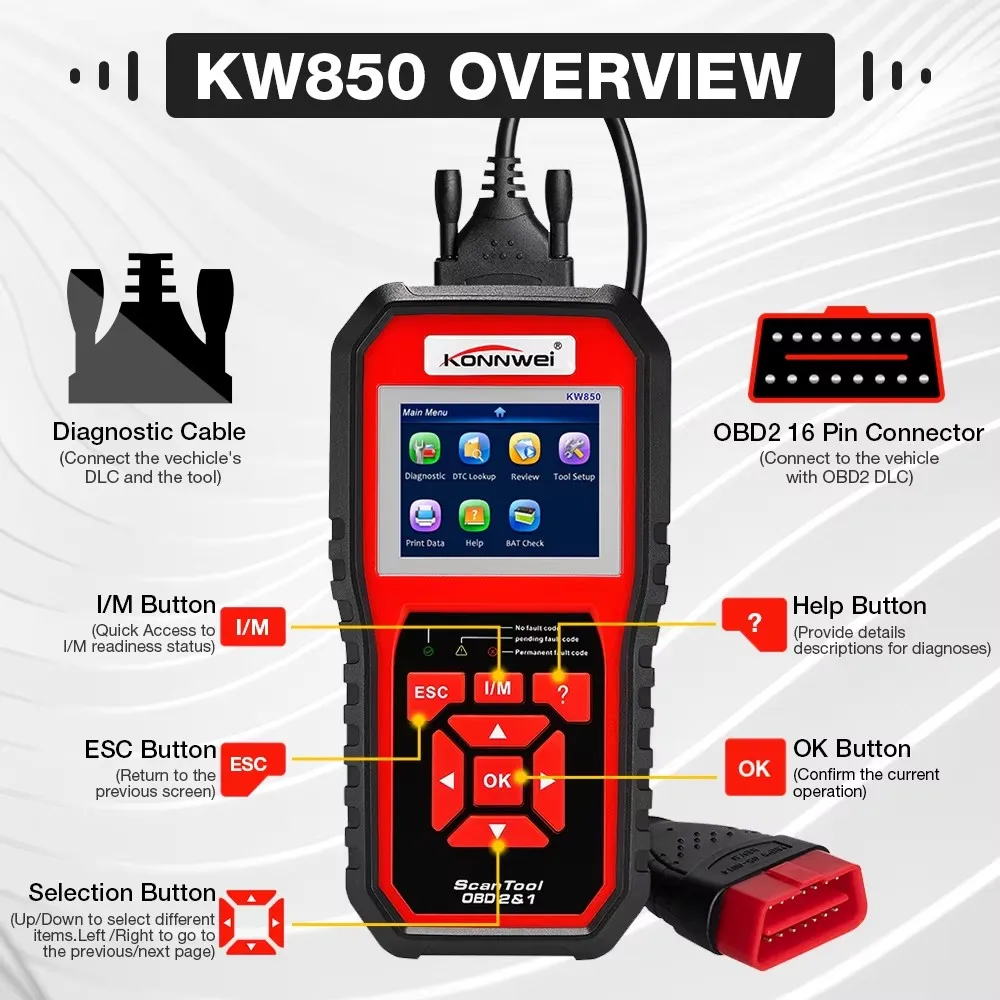 Professional Car OBD2 Scanner Auto Diagnostic Tools KONNWEI KW850 OBD 2 Engine System Check Code Reader DTC Lookup pk ELM327