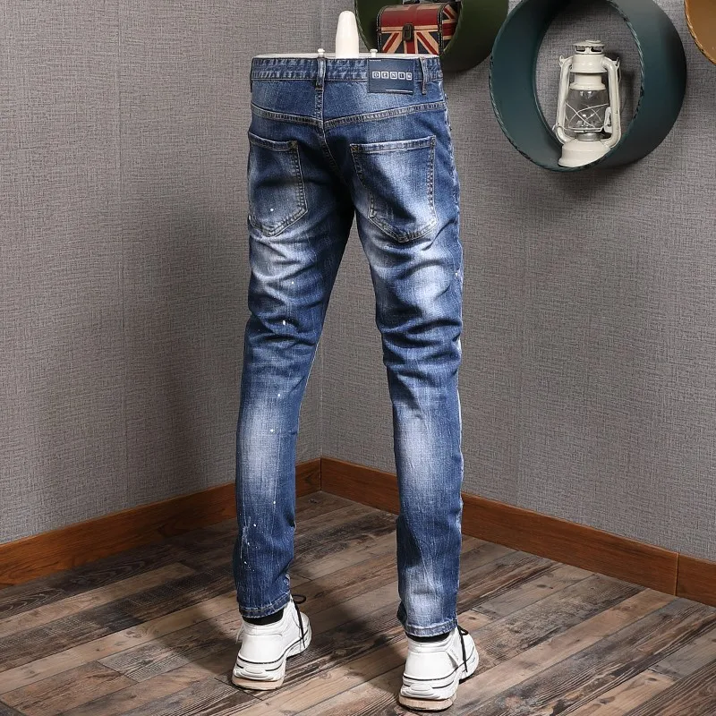 Street Fashion Men Jeans Retro Washed Blue Elastic Stretch Slim Fit Ripped Jeans Men Korean Style Vintage Designer Denim Pants