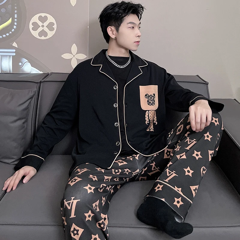 Mens Designer Pajamas for Men Sleepwear Set Pijama Set Long Sleeve Sleep Tops Trousers Sleep Wear Autumn Men Cotton Pajama Set