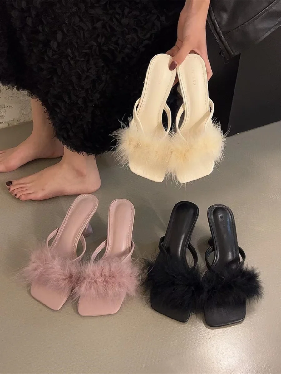 

Med Beige Heeled Sandals High-Heeled Shoes Lady Womens Slippers Outdoor Slides Fashion Fur Flip Flops Pantofle Black Thin Luxury