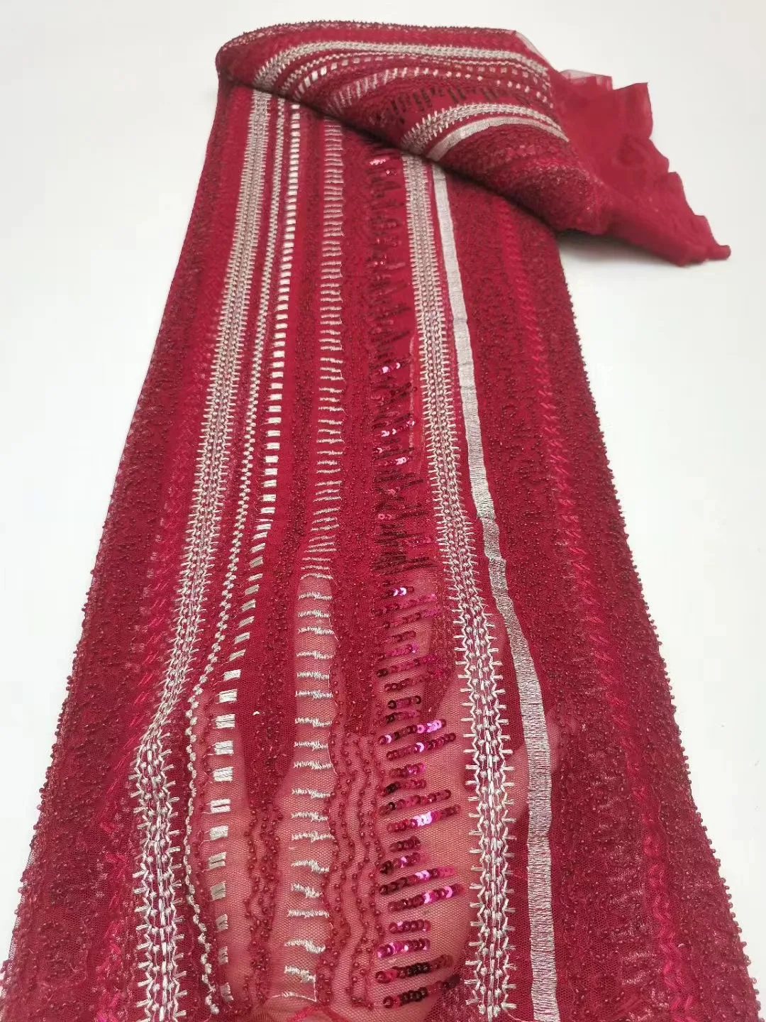 

Red Nigerian French Lace Fabric For Wedding Luxury Groom Beaded Bridal Fabrics African Sequins Tulle Lace Fabric With Pearls
