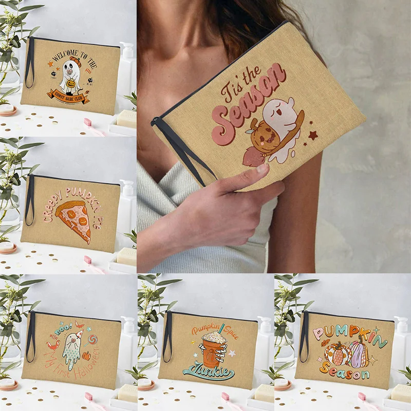 

Хэллоуин, зловещий сезон, голова тыквы, призрак, принт, льняная косметичка, Y2k, карандаш, фотокосметичка для путешествий, несесер для подарка на Хэллоуин