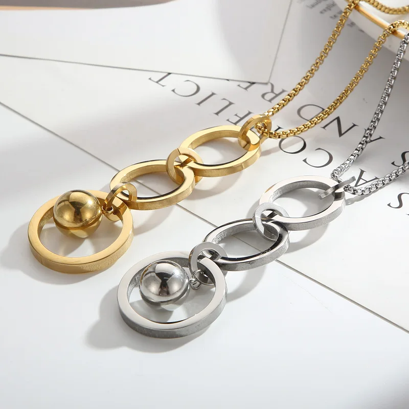 

Three Cricle Pendant Long Necklace For Women Gold SIlver Color Stainless Steel Clavicle Choker French Light Luxury Jewely Mujer