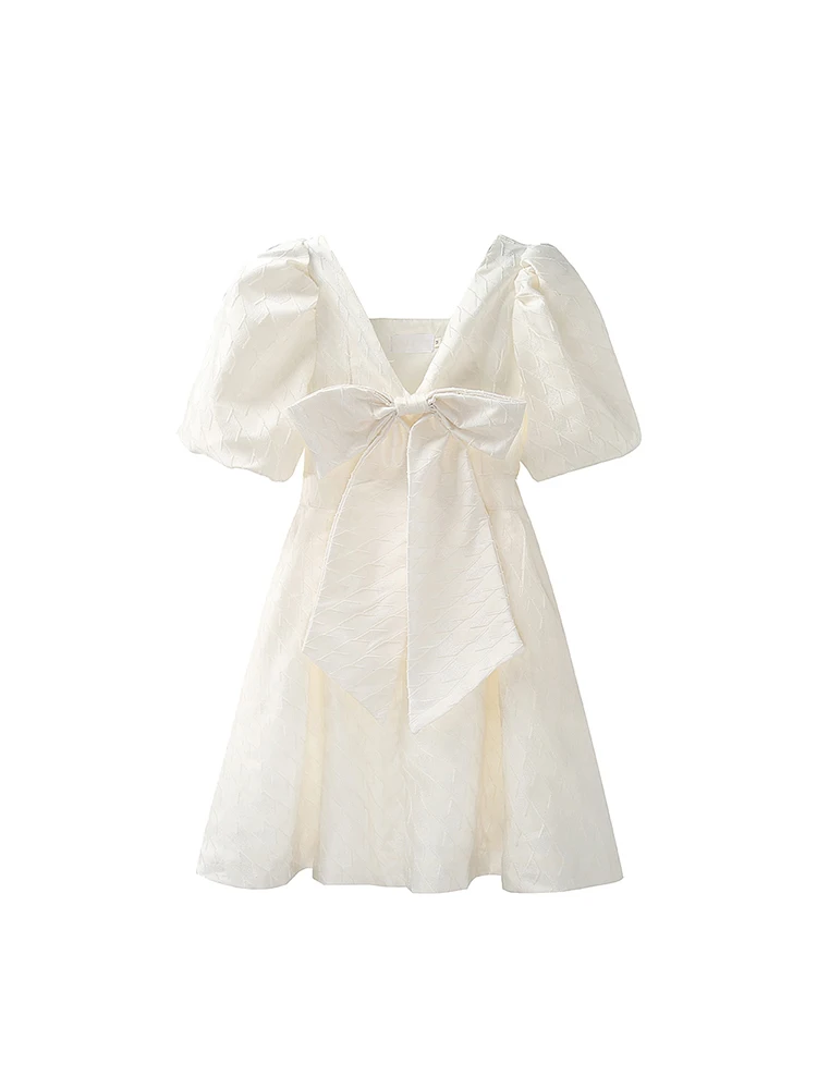 

2022 Summer Solid Bow Mini Princess Dress Kawaii Elegant Bow Puff Sleeve V-Neck Party Dresses Sweet Mori Girl A-line Dress Vesti