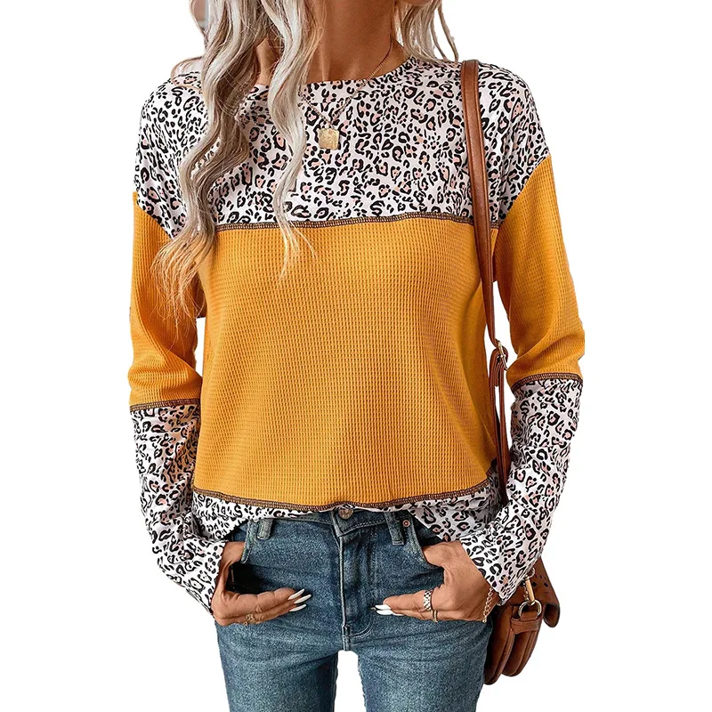 2025 новый женский осенне-зимний леопардовый принт вафельный вязаный топ с
