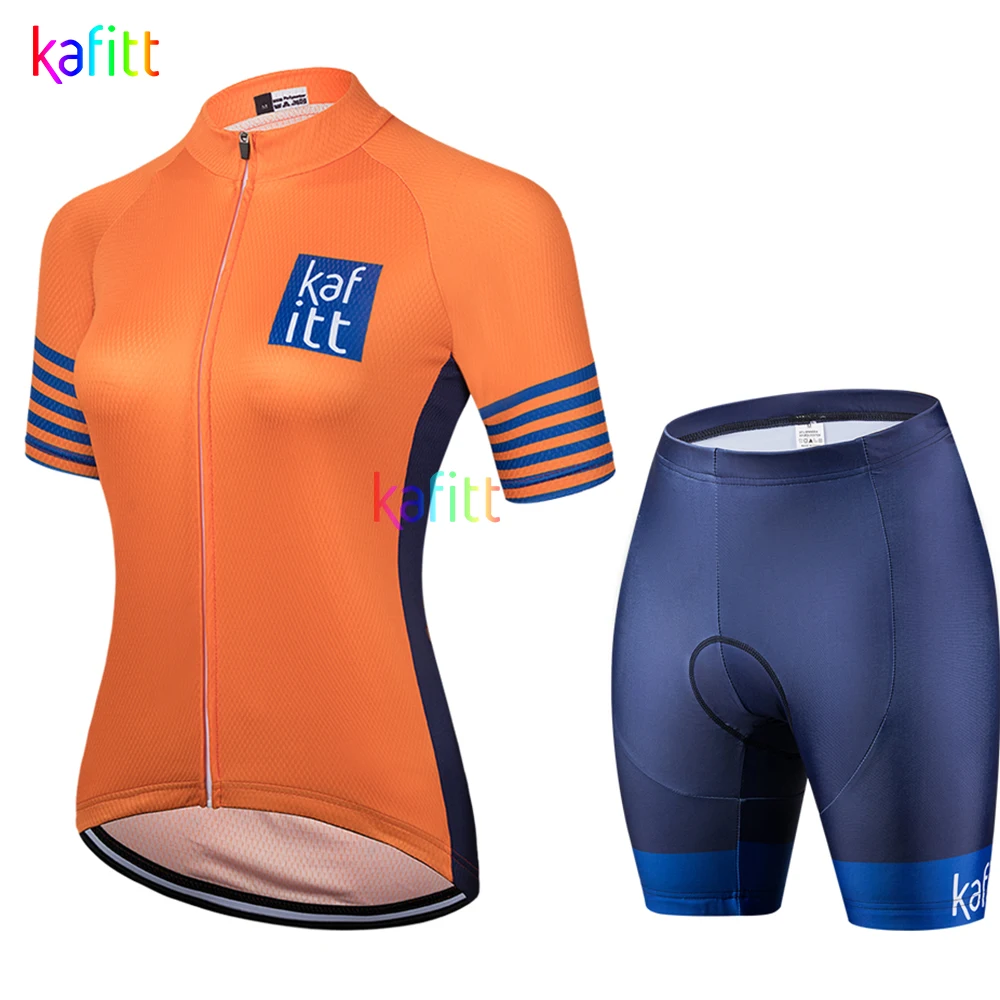 

Kafitt Women‘s Orange Short Sleeve Cycling Jersey Bib Sets Breathable Bicycle Shirt 2 Pieces 20D Gel Pad Bike Clothing Summer