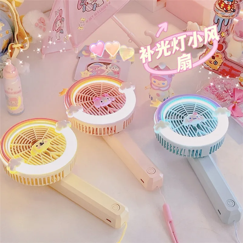 

Summer Anime My Melody Cinnamoroll Pom Pom Purin Folding with Fill Light USB Female Student Atmosphere Light Rainbow Dream Fan