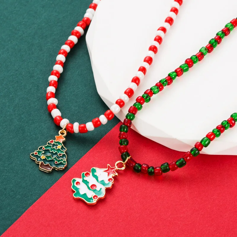 

Sweet Red Green Christmas Tree Shape Pendant Bead Necklace for Children Women Beaded Necklace Jewelry