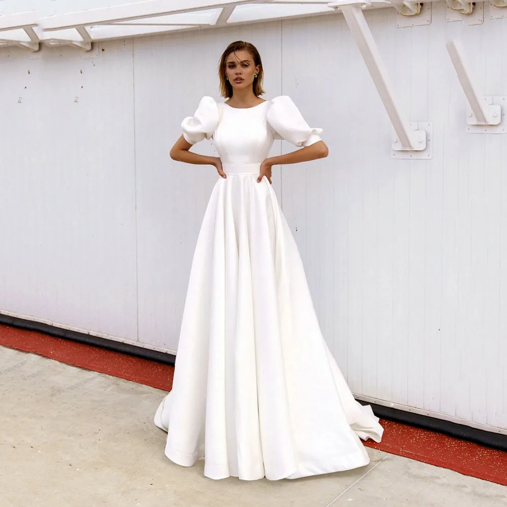 

Msikoods Satin Wedding Dress Short Sleeve Scoop Neck Simple Elegant A Line Bridal Dress Backless Wedding Party Gown