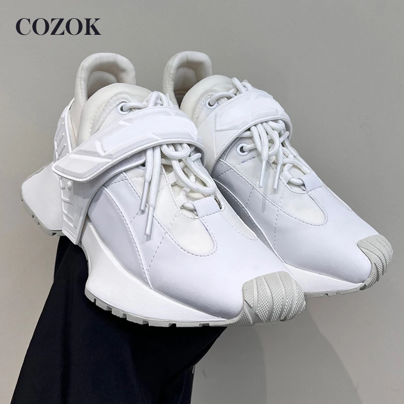 

Spring Autumn Women's Casual Shoes Genuine Leather Magic Tape Lace-Up Mesh Design Comfortable Breathable Platform Sneakers