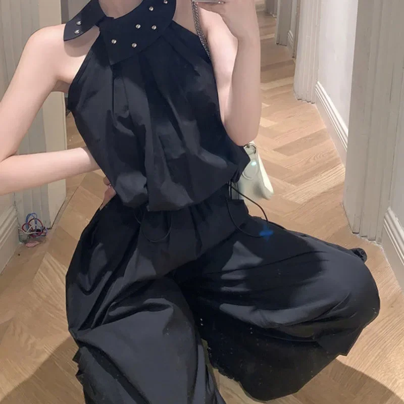 Лето 2024 крутой женский костюм черный топ с воротником хомутом и отворотами