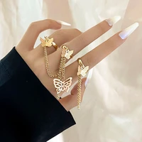punk gold color long chain butterfly shape ring for women girls fashion hip hop adjustable open finger rings party jewelry gift