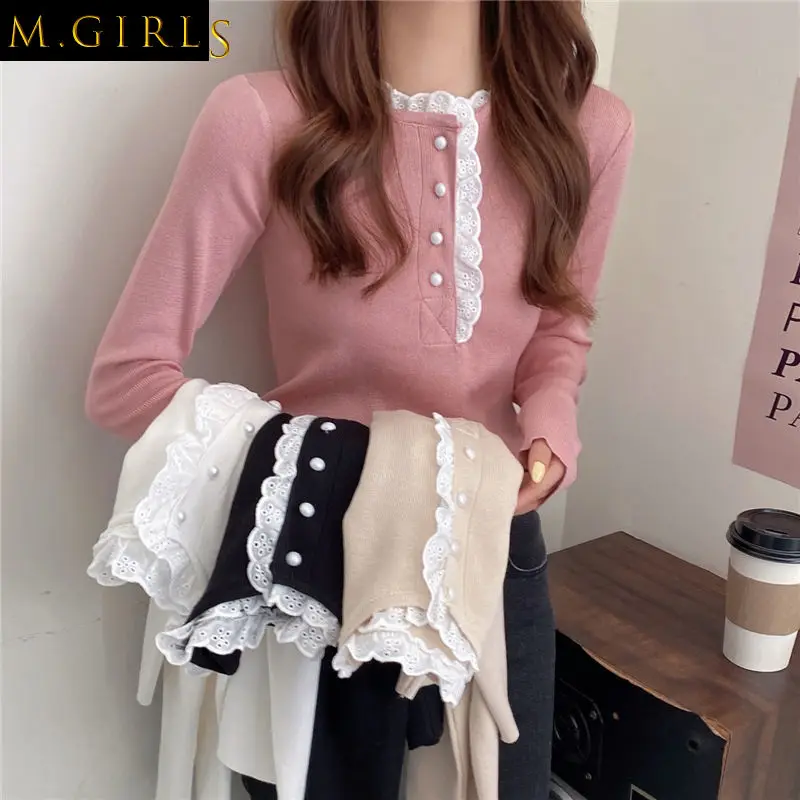 

Pullovers Women Long Sleeve Lace Sweet Solid Color O-neck Maiden Inside Ulzzang Sweater Spring Autumn Leisure Korean Style Ins