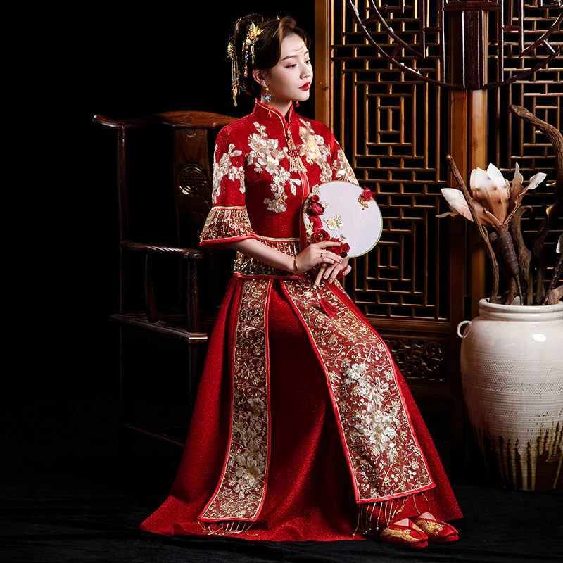 Vintage Elegant Formal Dress Wedding Toast Dress Femlae Traditional Chinese Bride Cheongsam Evening Dress Oriental Style Xiuhe