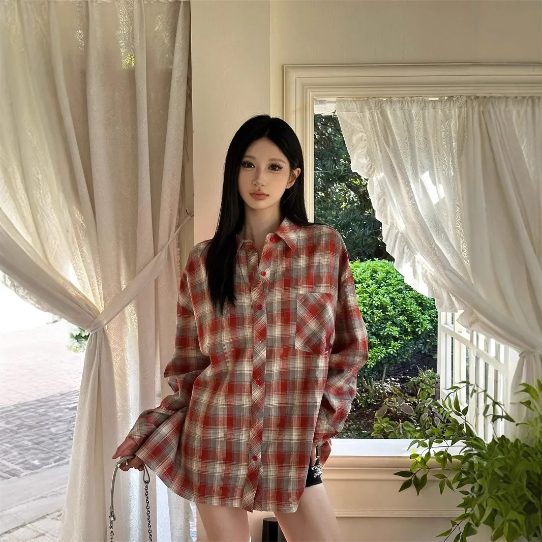 Сексуальная клетчатая рубашка с длинными рукавами топ универсальная женская