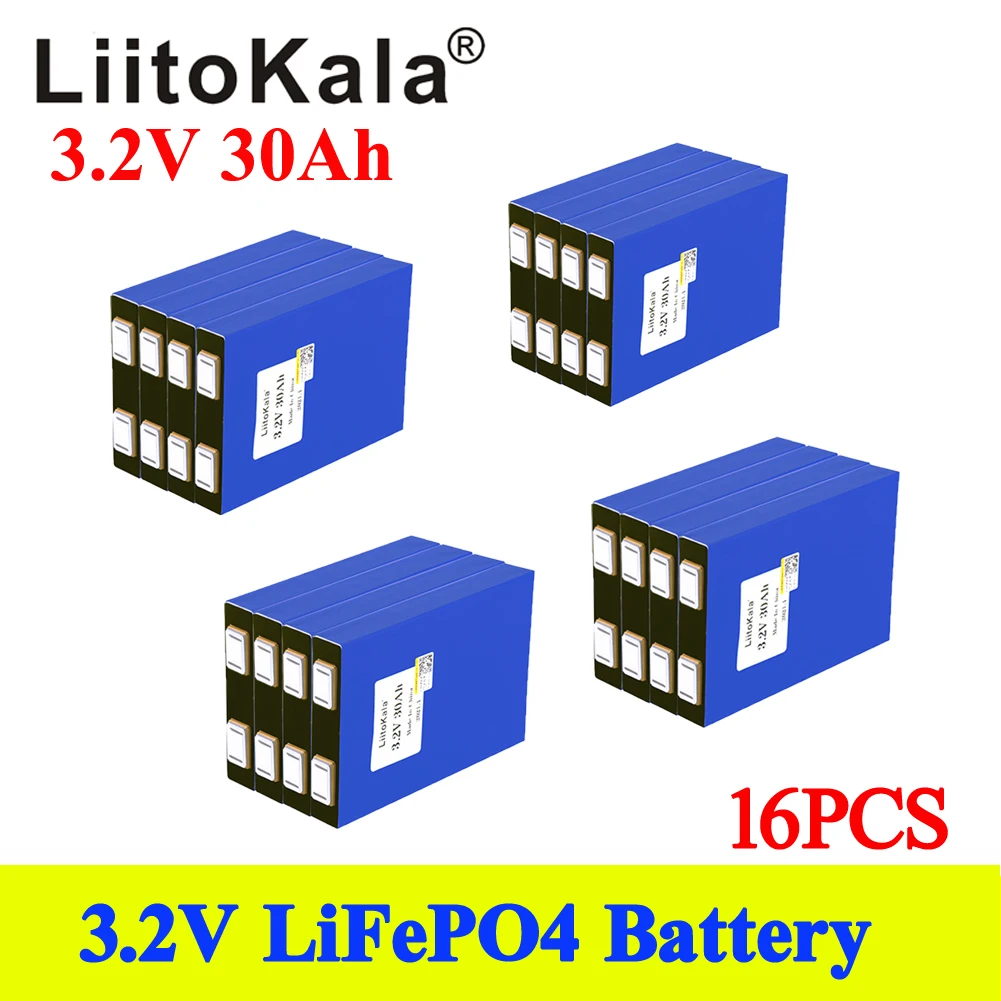 Литий-железо-фосфатная аккумуляторная батарея LiitoKala, 3,2 в, 30 Ач, 30000 мАч, для «сделай сам», 12 В, 24 В, 36 В, 48 В, тележка для гольфа, 16 шт.