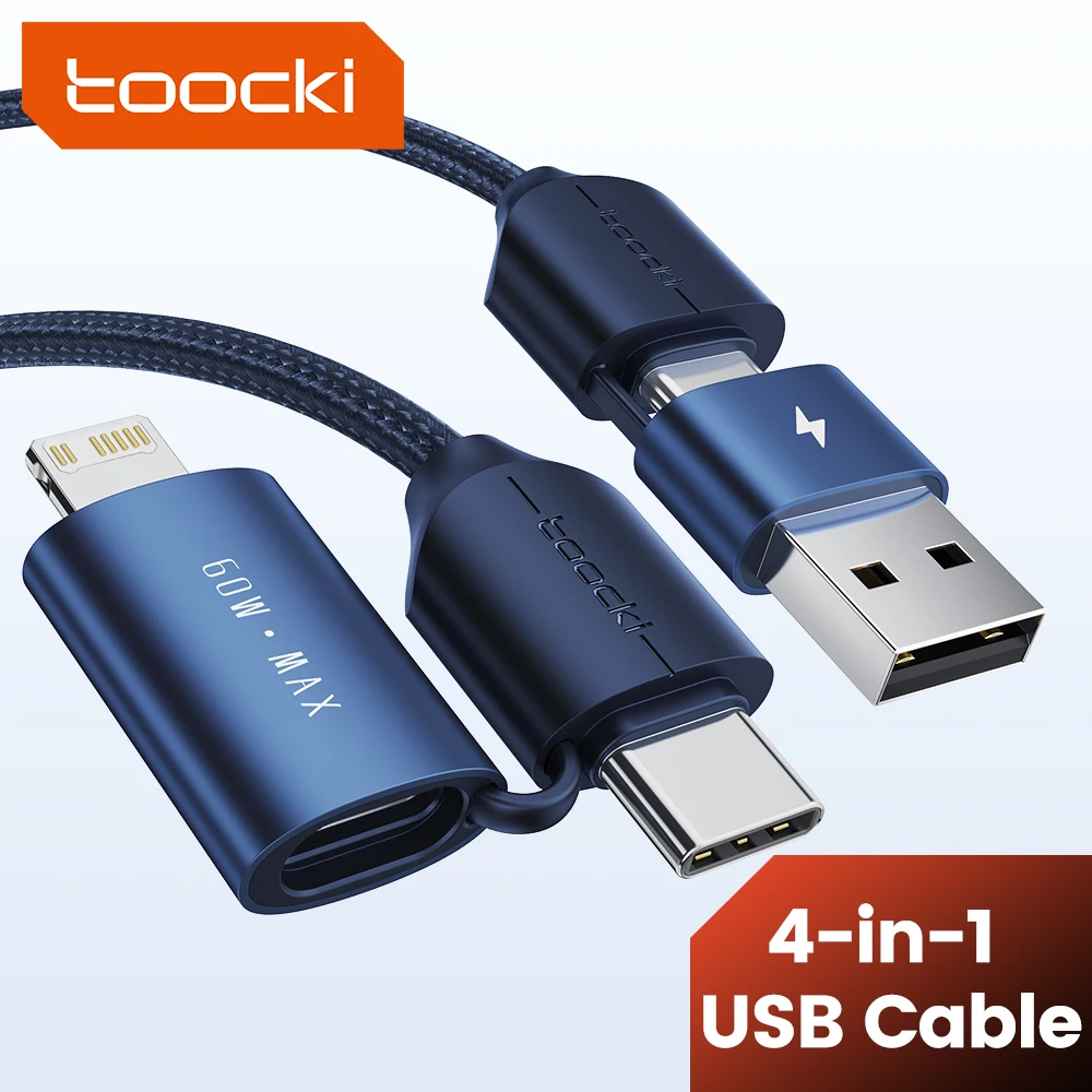 

Toocki 4 In 1 PD 60W USB Type C Cable QC3.0 Fast Charging Data Cable 3A For iPhone 14 13 IPad Xiaomi Samsung Huawei Laptop Phone