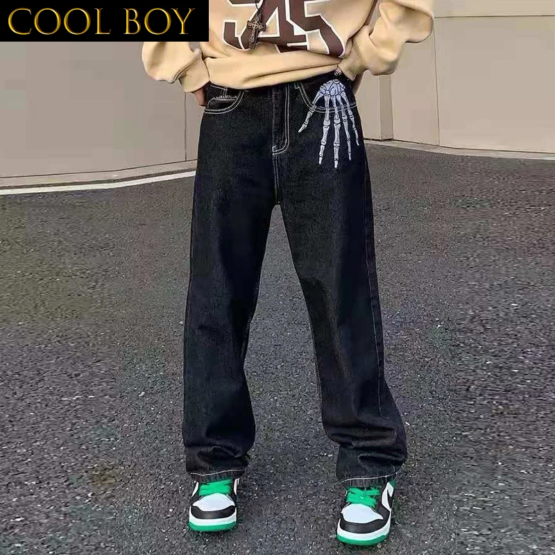 

E BOY Retro Skull Hand Bone Embroidery Washed Mens Jeans Pants Vibe Style Straight Casual Oversize Denin Trousers Streetwear