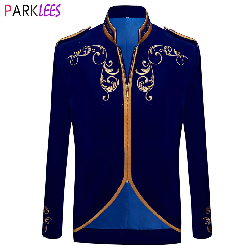 

Men's Royal Blue Court Fashion Prince Uniform Stand Collar Zipper Gold Embroidered Suit Jacket Wedding Party Prom Jacket Coat