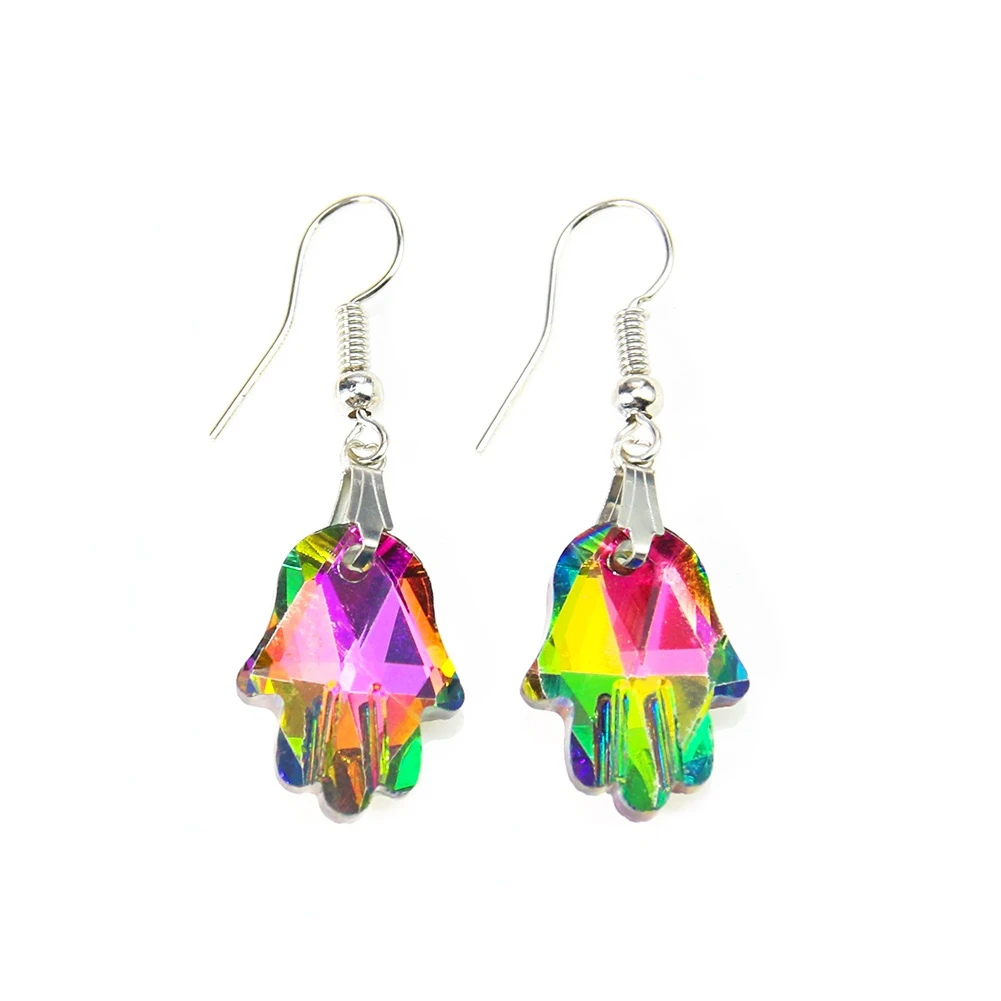 

Colorful Hand of Fatima Amulet Earrings Crystal Charms Turkish Hamsa Dangle Crochet Earring Jewelry for Women Religious Talisman