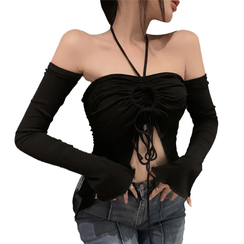 

Женская майка с открытой спиной, на завязках, с рюшами