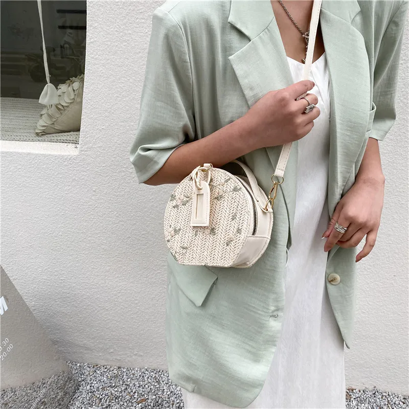 

Women Shoulder Bag Round Fashion Handbags Women's Embroidery Knitted Top-handle Bag Crossbody Bag Lady Small Circular Bag Clutch