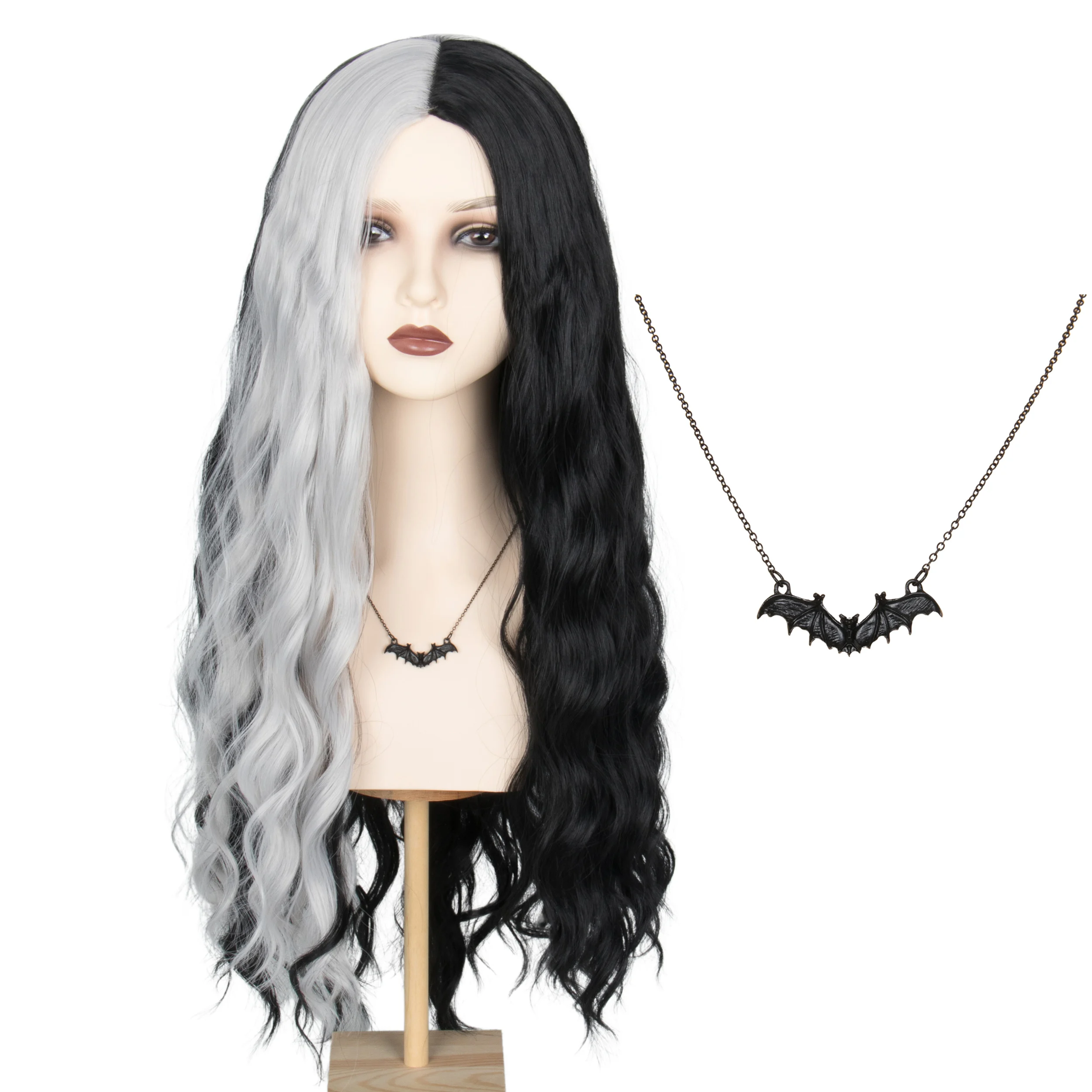 

lily Munster Wig Costume for Women Long Wavy Black with Silver Hair Halloween Party Wig