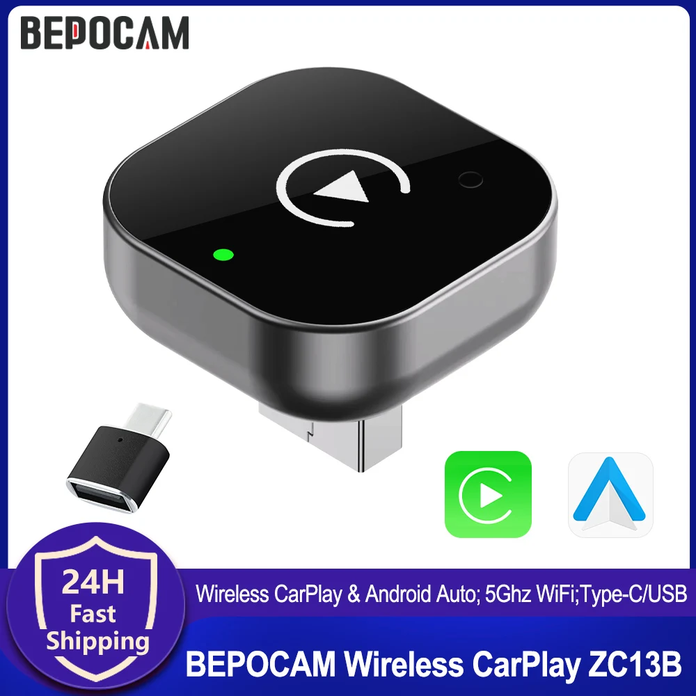 Фото BEPOCAM 2-в-1 Беспроводной CarPlay Smart Mini Box Android Auto для штатных автомобильных мультимедийных систем, 5 ГГц Wi-Fi, Type-C/USB, Plug and Play CarPlay №1