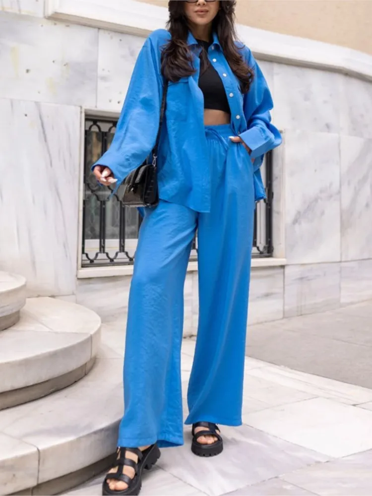 Комплект из двух предметов женский однотонный рубашка с длинным рукавом и брюки