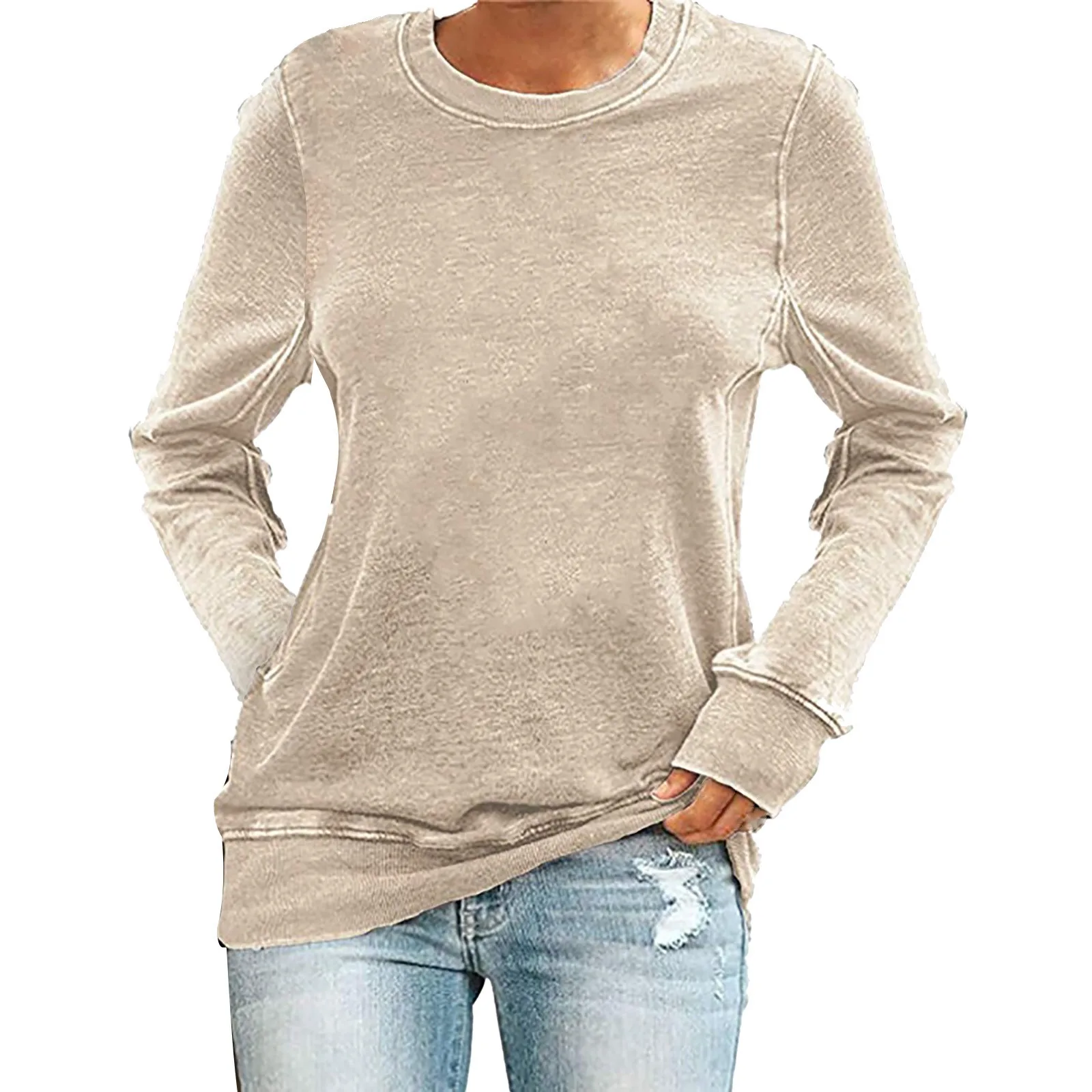 

Женский однотонный топ с длинным рукавом, футболка с круглым вырезом, свободные футболки, футболка с круглым вырезом для женщин, осенняя Женская одежда, уличная одежда