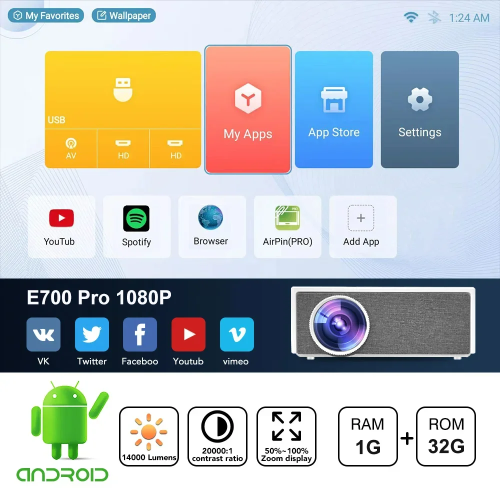 Умный проектор Everycom E700 Pro Wi-Fi 2 4G 5G Android 9.0 3d Led Video Full HD 4k для домашнего кинотеатра