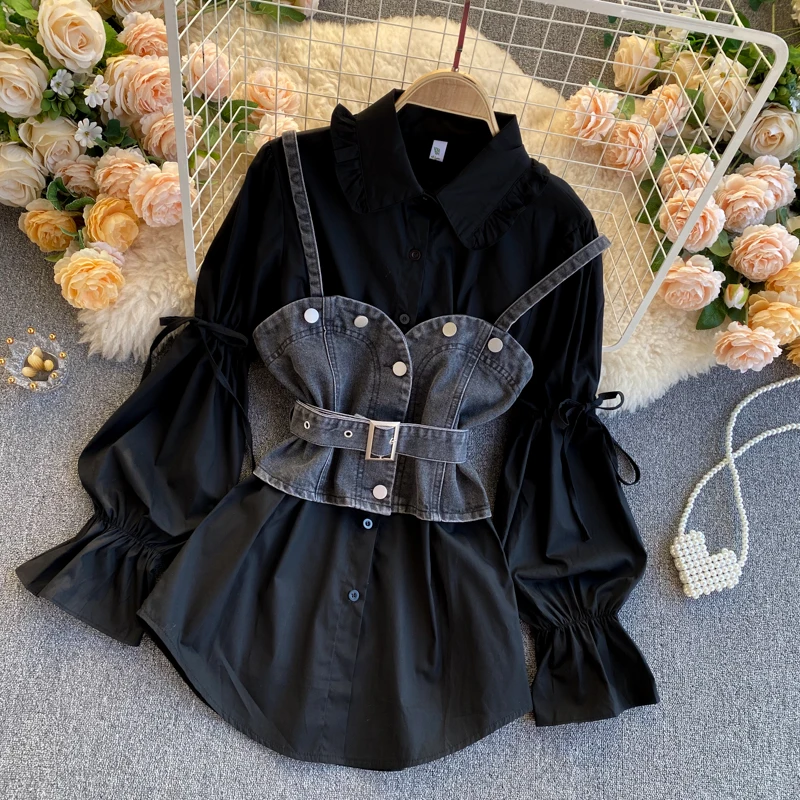 

E GIRLS Korean Elegant Women 2piece Blouse Sets Tie Puff Sleeve Ruffle Turn-down Collar Blouse + Sashes Slim Demin Vest