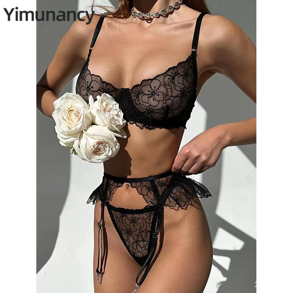 

Эротический комплект Yimunancy с цветочной вышивкой для женщин, 3 предмета, 3 цвета, необычное сексуальное нижнее белье, комплект, короткое прозр...