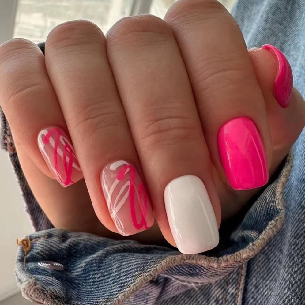 

24Short Square Head Pink White Nail Art Fake Nails Artificial Acrylic Wavy Line DIY Graffiti False Nail Removable Press on Nails