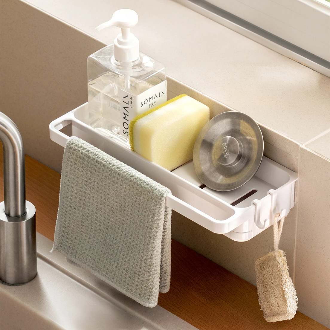 

Kitchen Organizer Storage Shelf Sponge Holder Towel Rack with Hooks Drain Water Hanging Plastic Wall Mounted Home Accessories