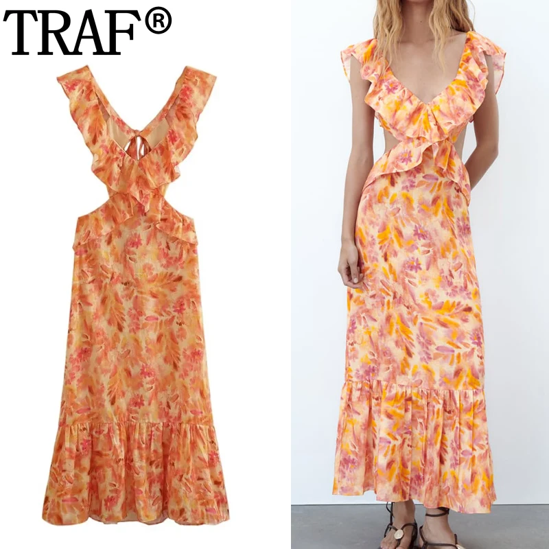 

Платье-миди летнее с оборками и открытой спиной, без рукавов