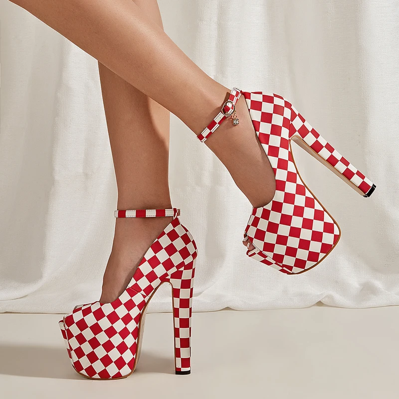 

16cm Designer Heels Summer Red White Grid Ladies Pumps Sexy Peep Toe Night Party Shoes Platforms High Heels Women Stiletto