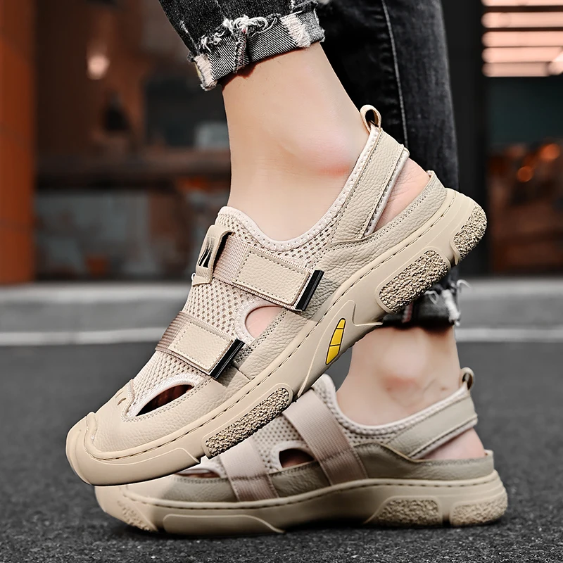 Сандалии мужские из воловьей кожи открытый носок пляжная обувь Открытый Стиль