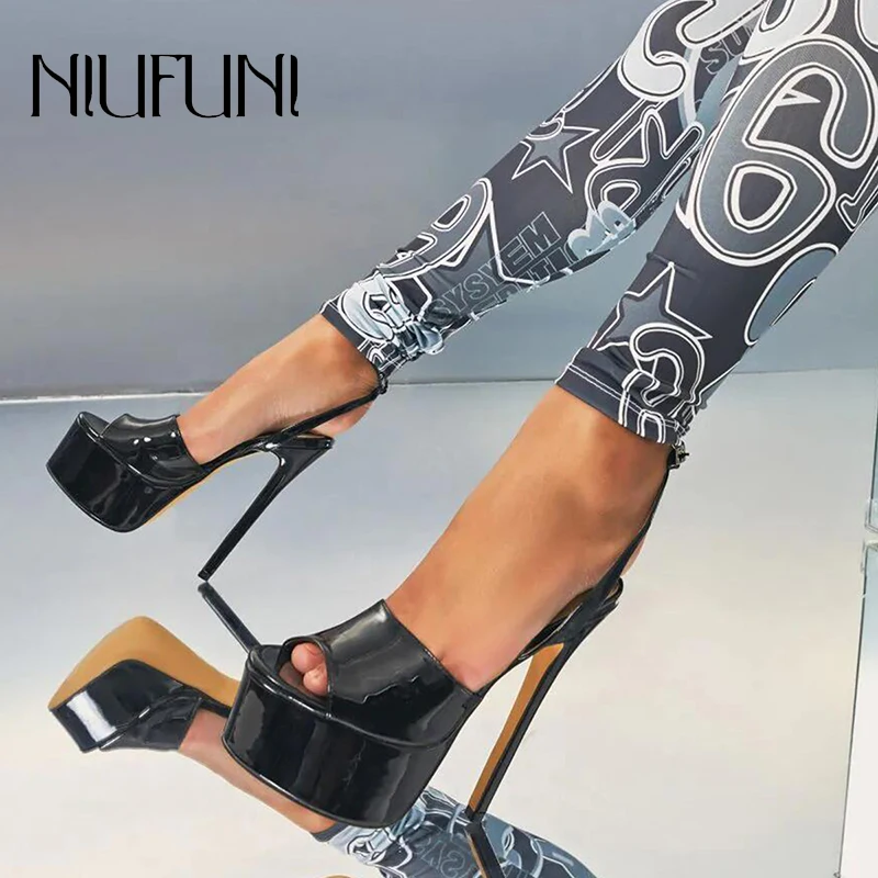 

NIUFUNI Summer Slingback Buckle 16CM Women Sandals Pumps Party Platform Wedding Stiletto Peep Toe High Heels Dress Shoes Black