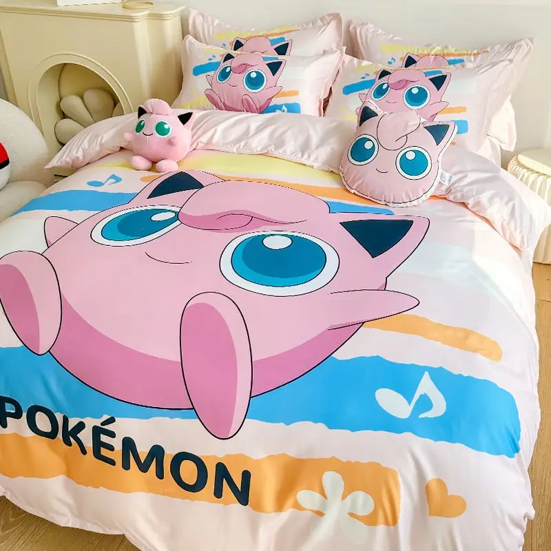 

Kawaii Pokemon Bedding Anime Figure Pikachu Psyduck Jigglypuff Sheet Fitted Sheet Quilt Cover Pillowcase Bedclothes Bed-Linen