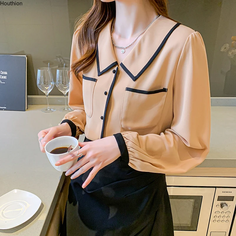 

Print Women's Blouse Casual Polo Shirt New Korean Loose Chiffon Plus Size Summer Lady Long Sleeve Top Houthion