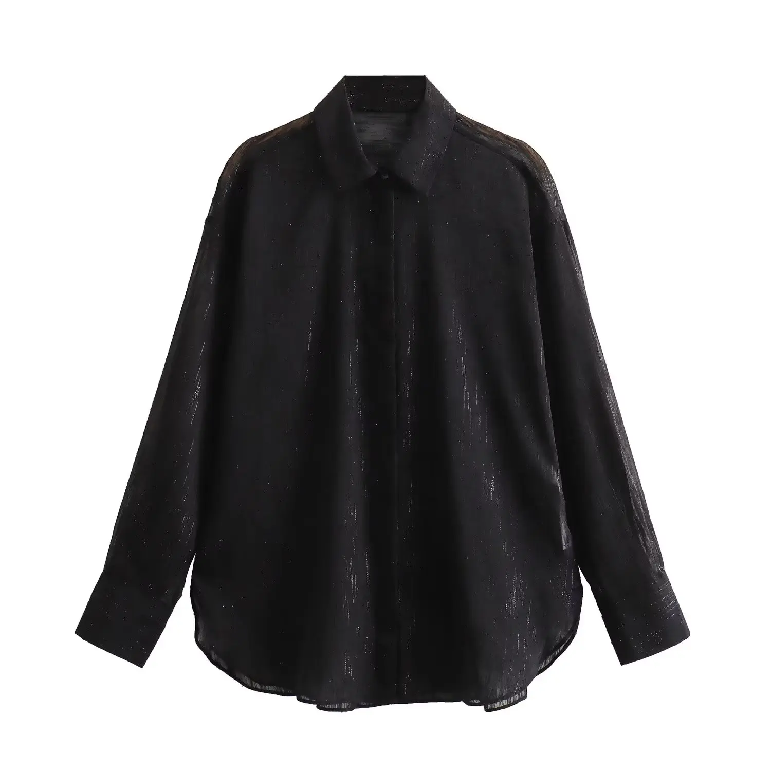 

Женская Полупрозрачная блузка с металлическим блеском, Повседневная универсальная винтажная блузка на пуговицах с длинным рукавом, шикарные топы