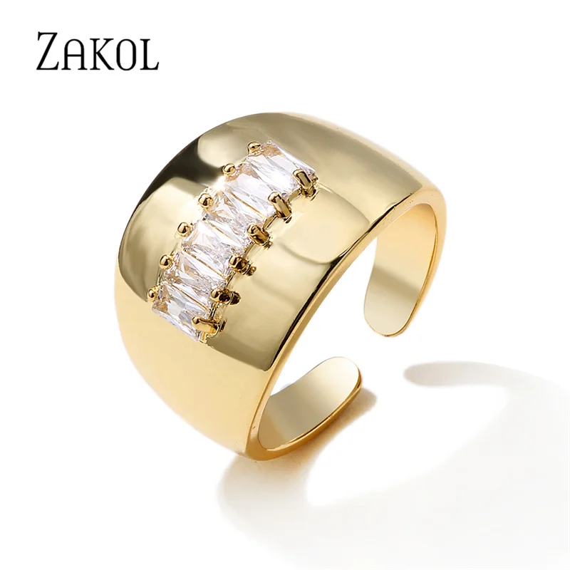 

ZAKOL Brand New Japan and South Korea Fashion Gold Color Zircon Open Rings for Women Trendy Hip Hop Men Leisure Party Jewelry