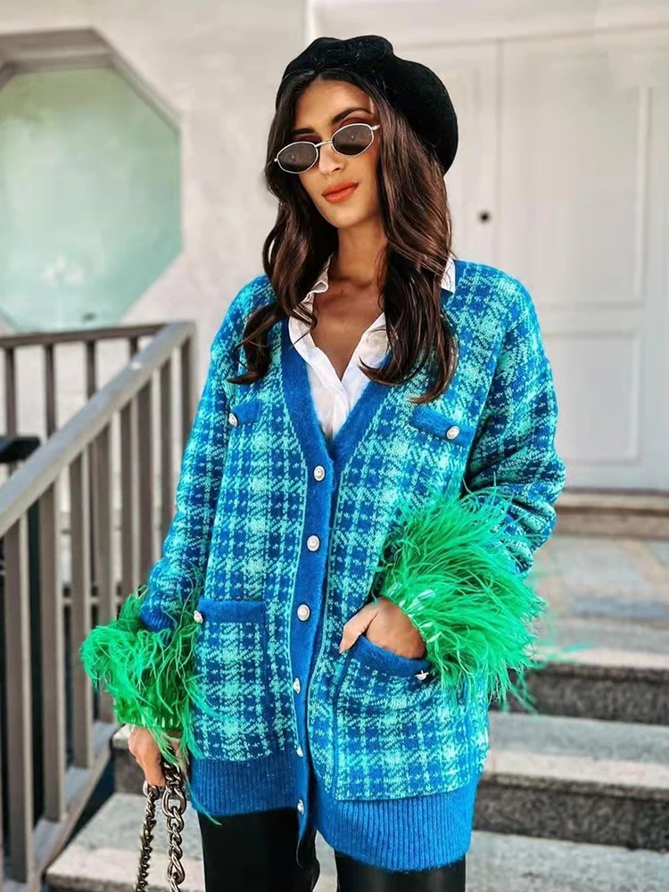 

Женский клетчатый вязаный кардиган PUWD, весна-осень 2022, винтажная Женская куртка, свободная женская верхняя одежда на пуговицах с искусствен...