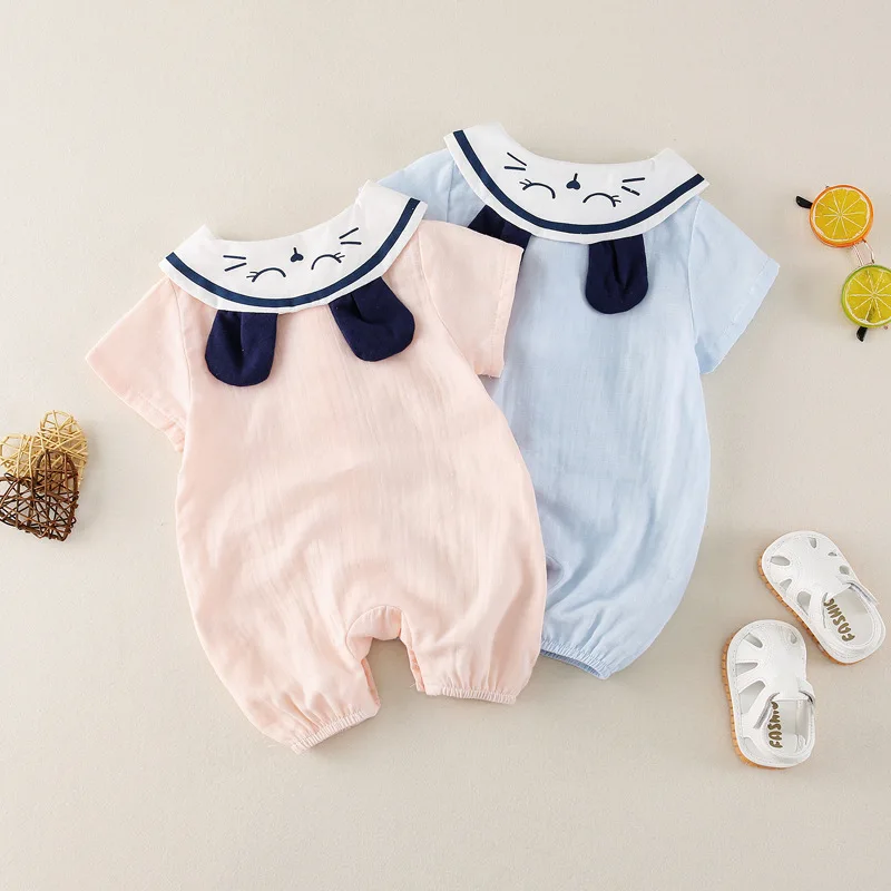 

Baby Romper Cotton Solid Newborn Short Sleeve Bodysuits Sailor Collar Cute Rabbit Ears Hoodie Infant Summer Newborn Clothing