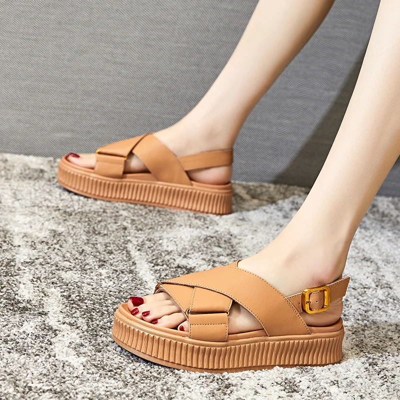 LSXJK Sandals Woman Summer 2022 New Solid Color Sports Platform Sandals High Quality Women Shoes Fashion Genuine Leather Casual