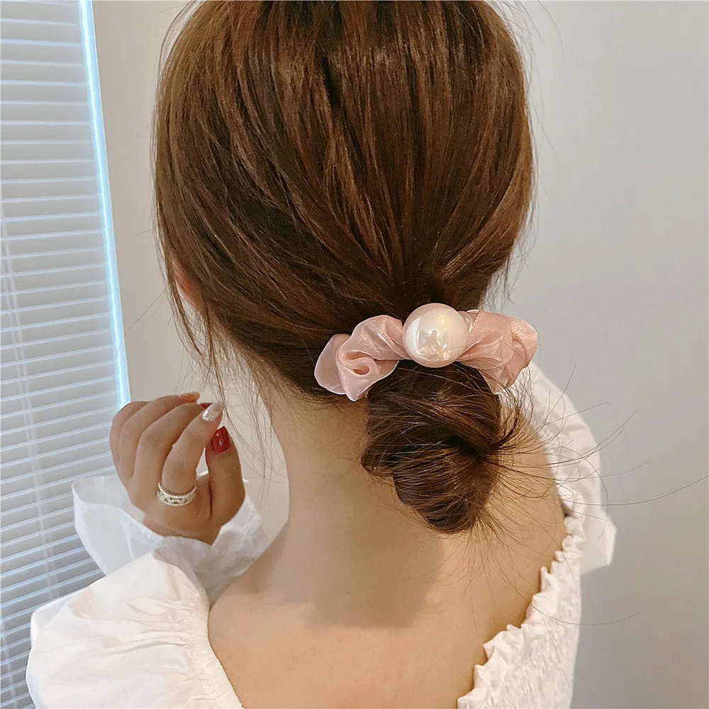 Haimeikang Women Pearl Hair Gum Ropes Scrunchies Rubber Band Girls Red Valentine's Day Elastic Ponytail Holder Hair Accessories