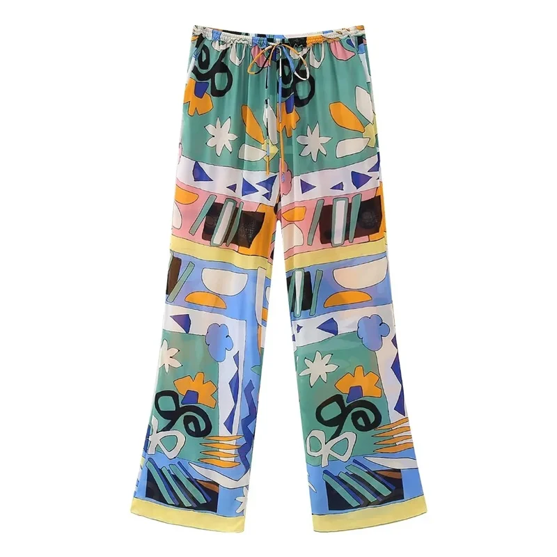 

TRAF Woman Printed Pajama Style Pants 2023 Summer Casual Elastic Waistband Adjustable Drawstring Wide-leg Design Mid-rise Pants