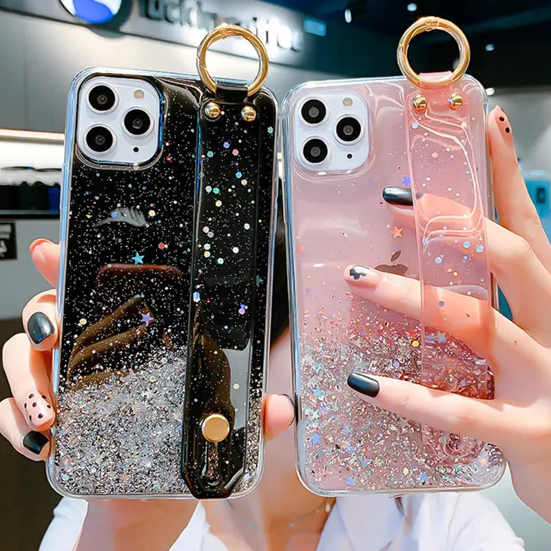 

Wrist Strap Phone Case For iPhone 13 12 11 Pro XS Max XR X 8 7 6s 6 Plus SE 2020 Bling Glitter Clear Silicone Back Cover