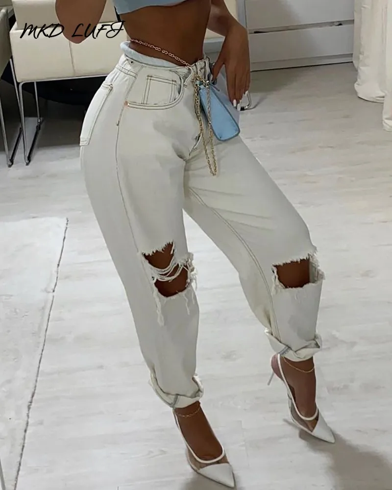 

MKDLUFI Ripped Cutout High Waist Pocket Design Jeans